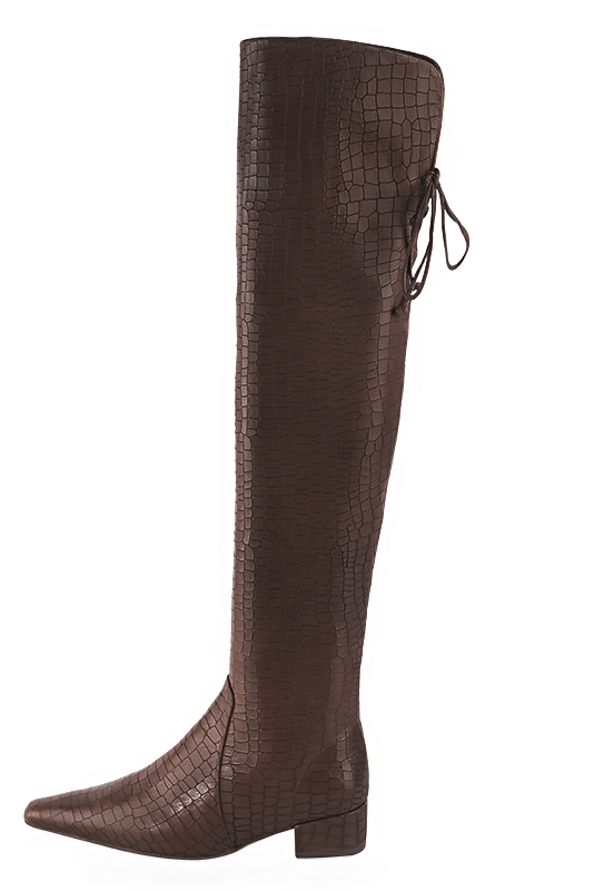 Dark brown women's leather thigh-high boots. Tapered toe. Low block heels. Made to measure. Profile view - Florence KOOIJMAN